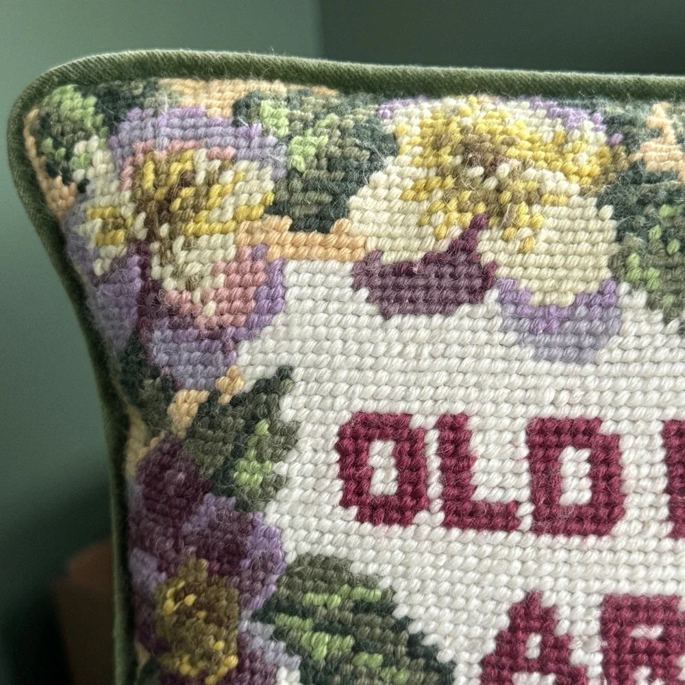 Vintage Needlepoint Pillow Old Friends Are The Best Friends Floral Pansy Velvet
